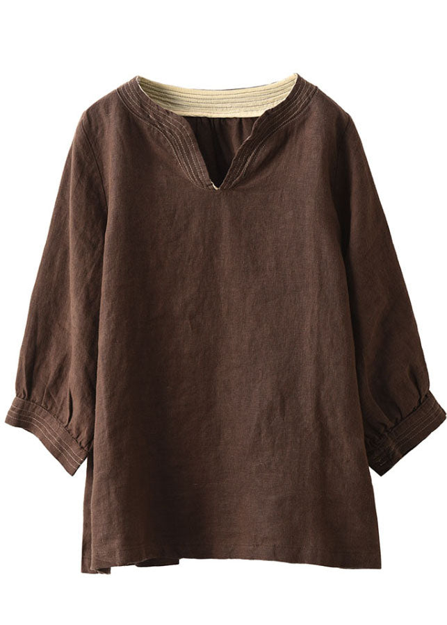 Loose Linen Tops Chocolate Fall Embroidered