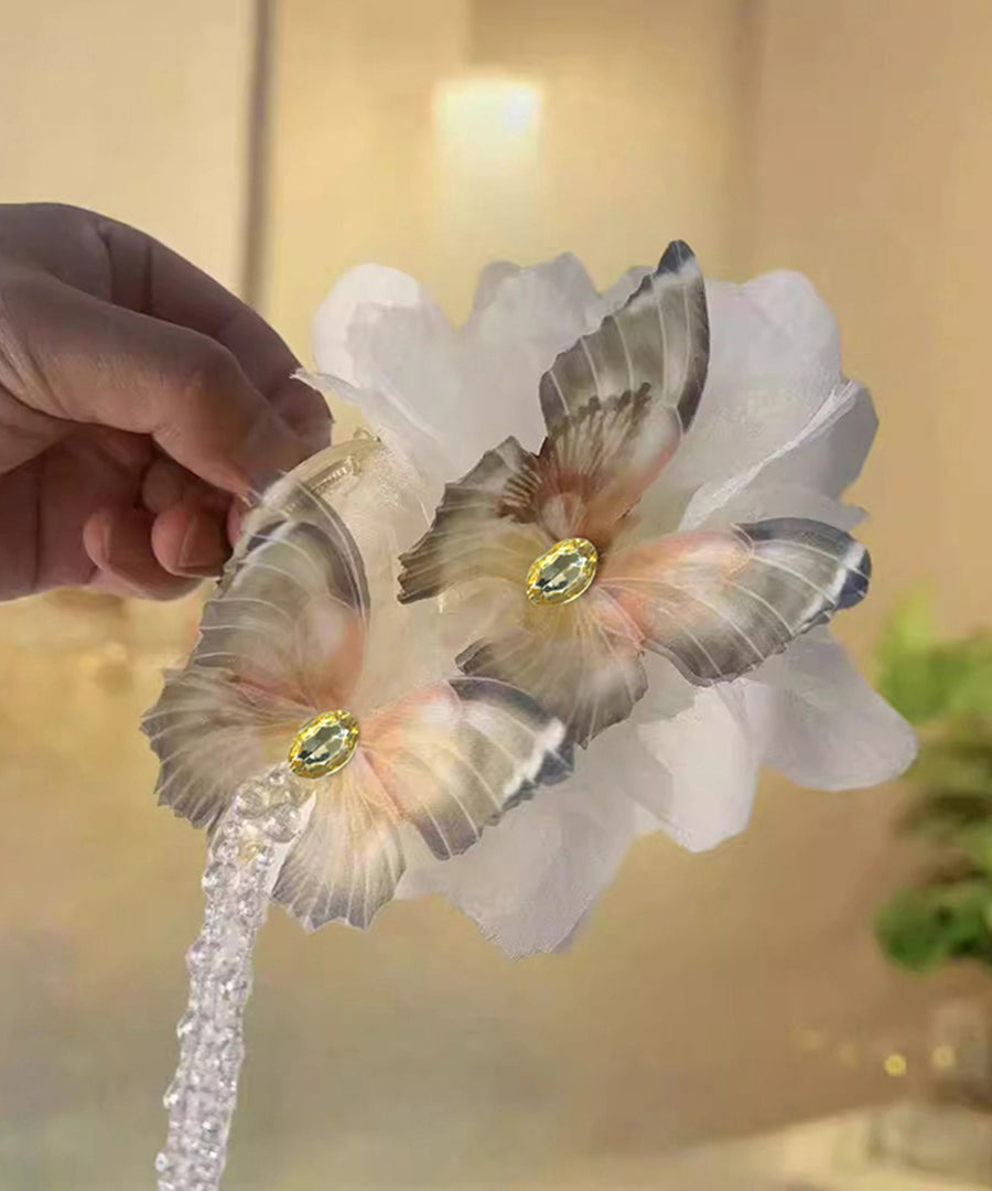 Fabric Hairpin Classy Tassel Butterfly Acrylic Zircon Beige