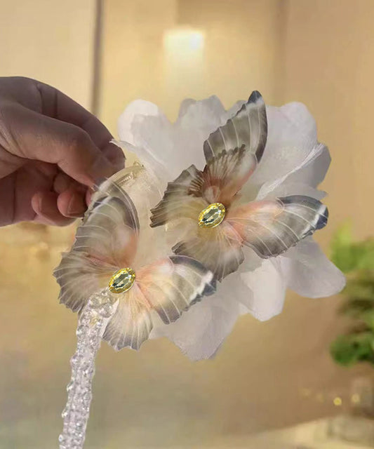 Fabric Hairpin Classy Tassel Butterfly Acrylic Zircon Beige