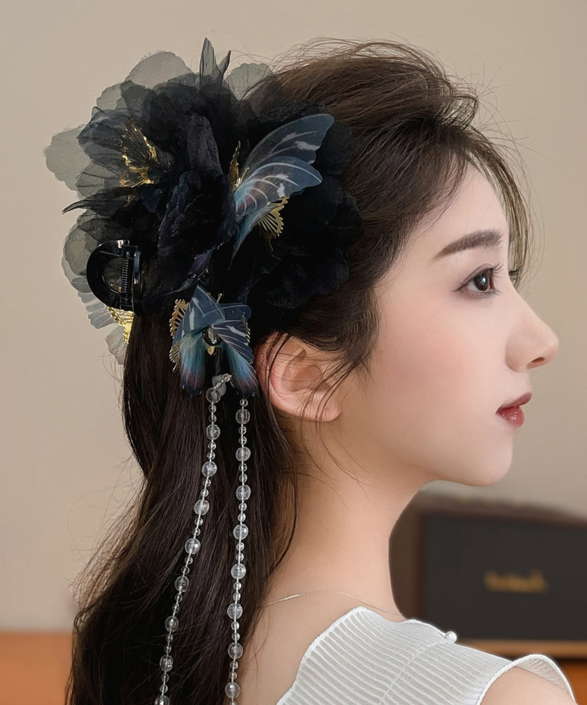 Fabric Hairpin Classy Tassel Butterfly Acrylic Zircon Beige