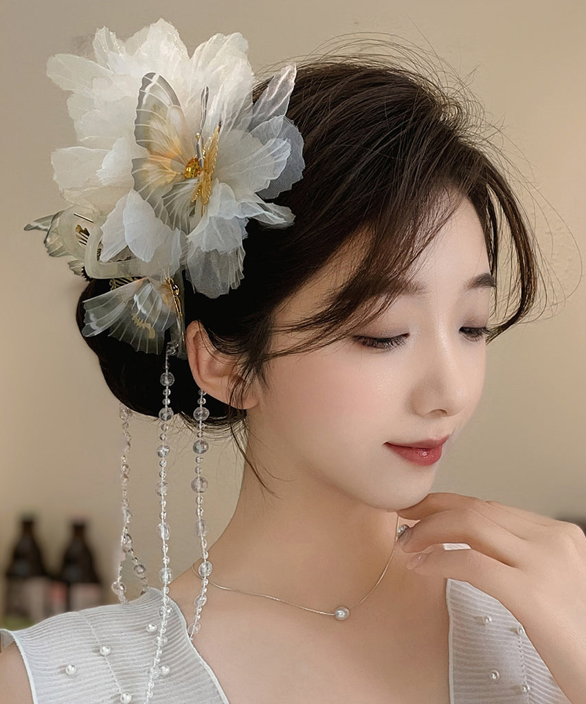 Fabric Hairpin Classy Tassel Butterfly Acrylic Zircon Beige