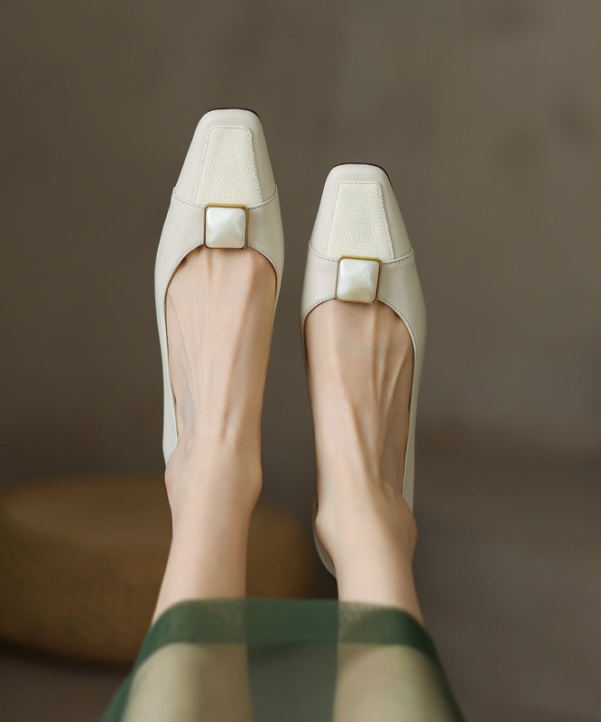 Toe Square Splicing Heels Classy Leather Beige High Cowhide