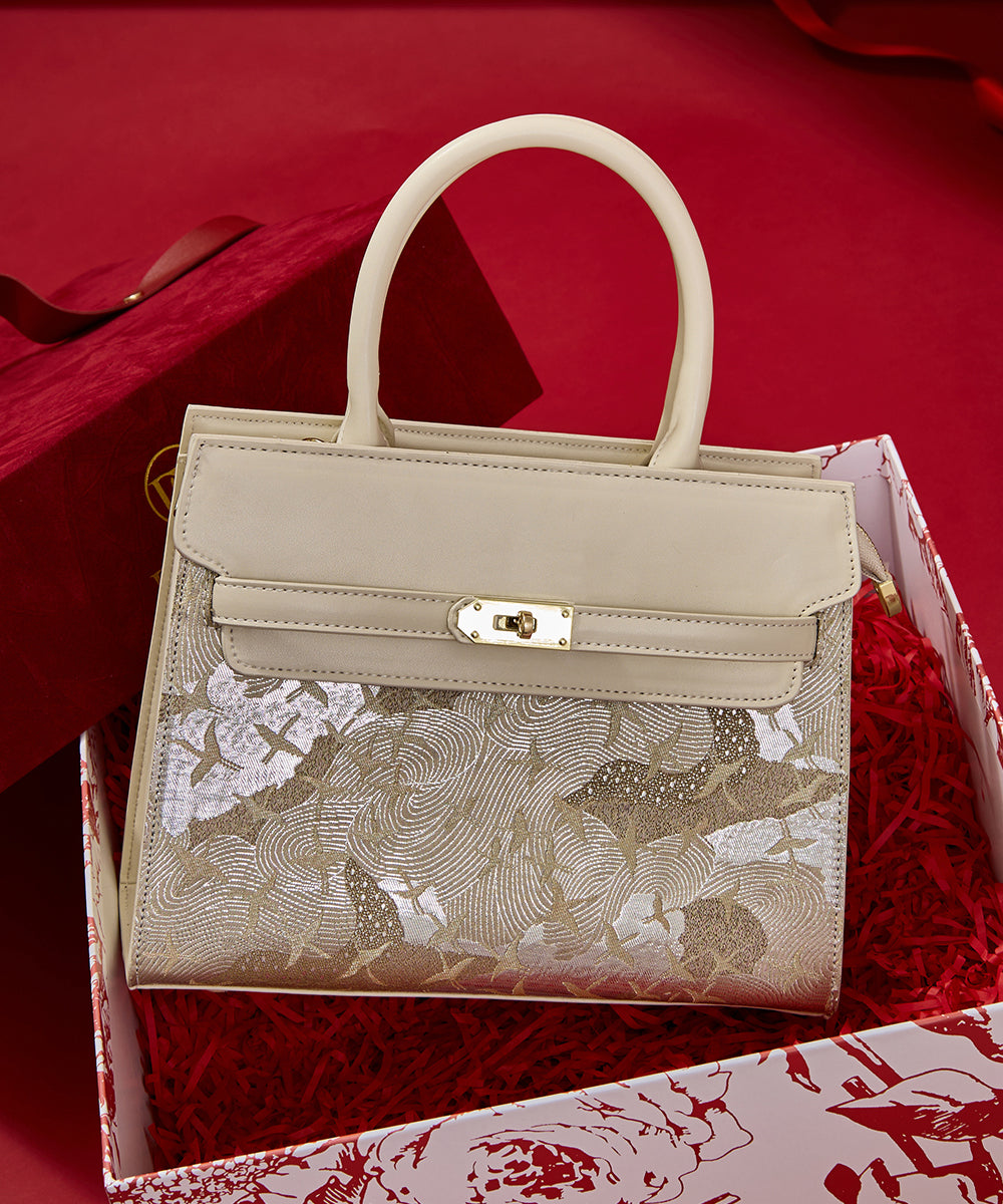 Micro Faux Classy Leather Beige Bag Embroidered