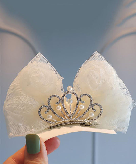 Classy Beige Metal Zircon Crown Tulle Bow Kids Hairpin YG029