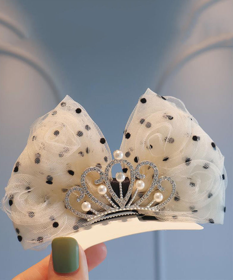 Classy Beige Metal Zircon Crown Tulle Bow Kids Hairpin YG029