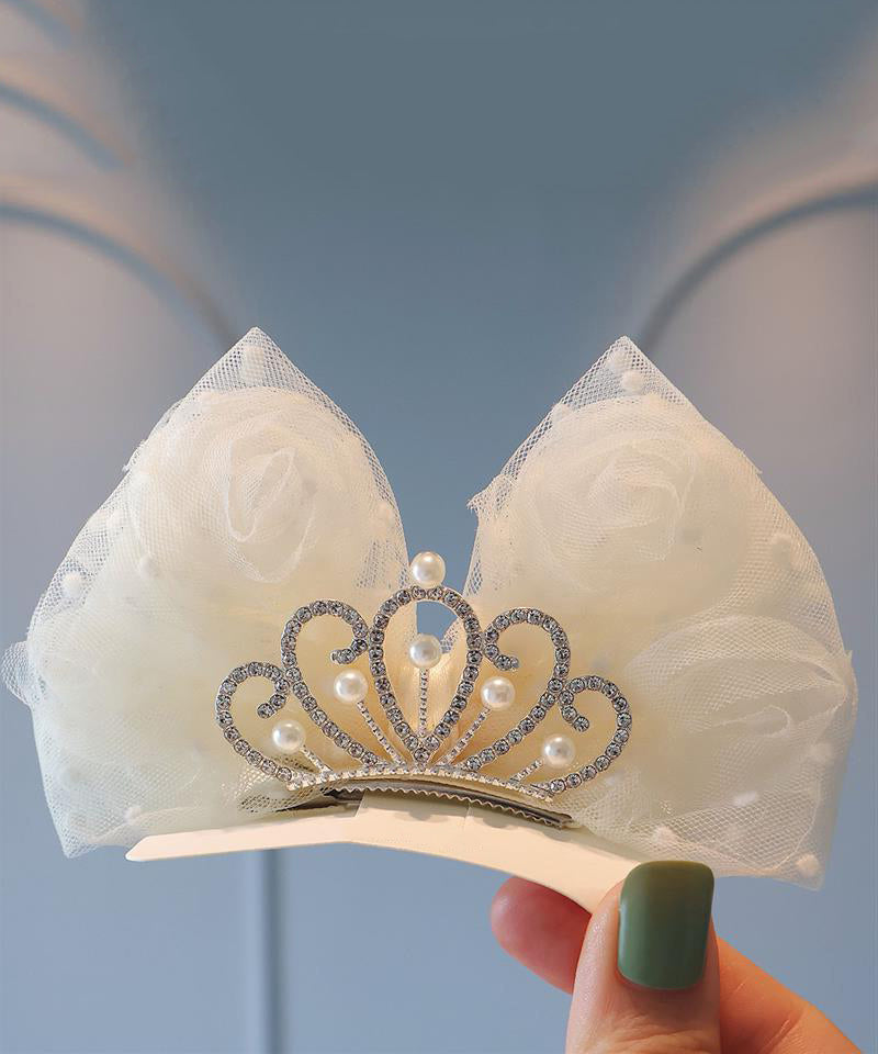 Classy Beige Metal Zircon Crown Tulle Bow Kids Hairpin YG029