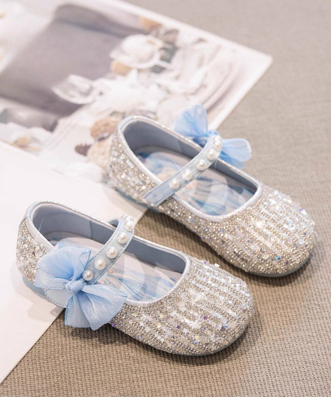 Classy For Girls Beige Bow Strap Flat Buckle Shoes Pearl