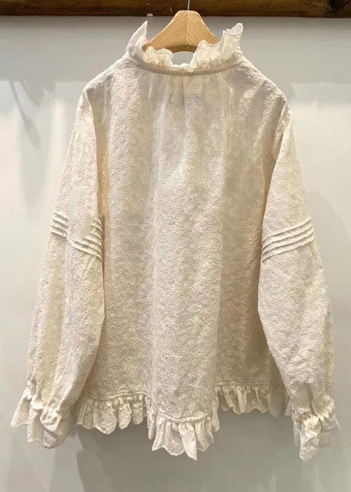 Classy Beige Ruffled Patchwork Embroidered Cotton Blouses Spring YK034