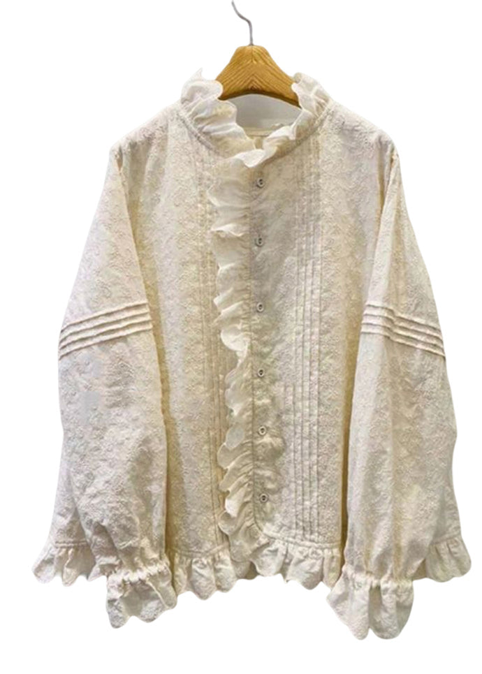 Classy Beige Ruffled Patchwork Embroidered Cotton Blouses Spring YK034