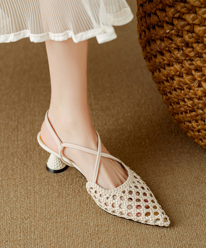 Splicing Hollow Classy Heel Sandals Beige Out High