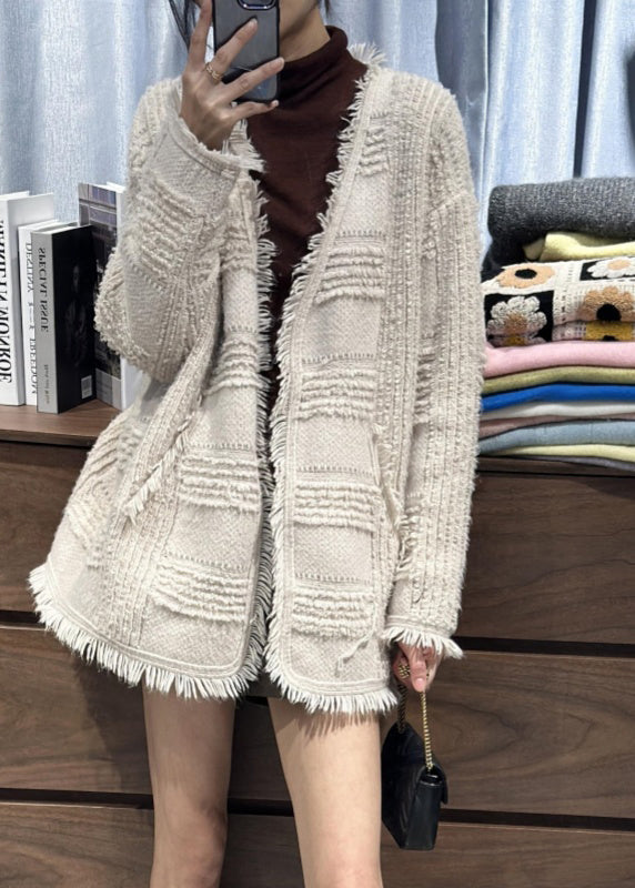 Classy Beige V Neck Tassel Woolen Loose Cardigans Fall RL006