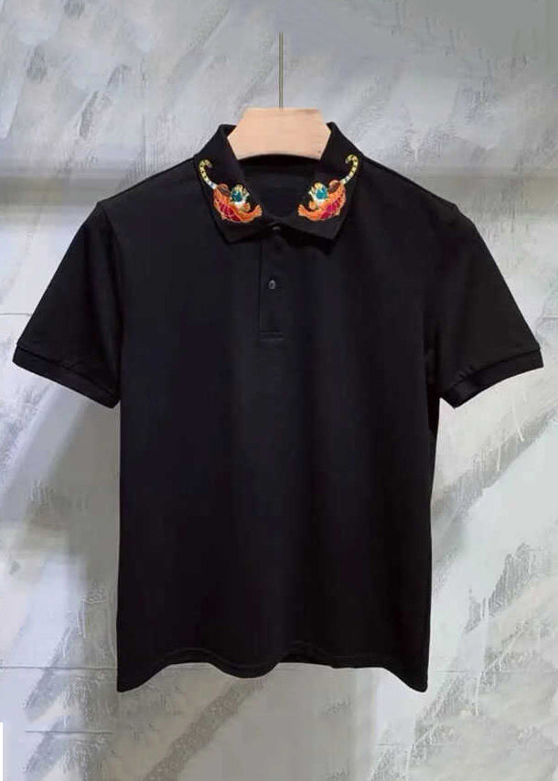 Classy Black Animal Cotton Button Shirts Summer Mens Polo