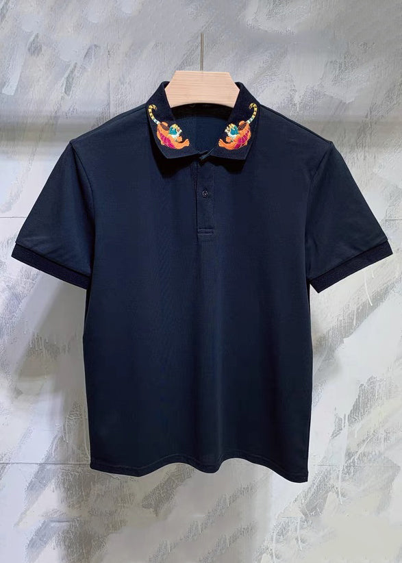 Classy Black Animal Cotton Button Shirts Summer Mens Polo
