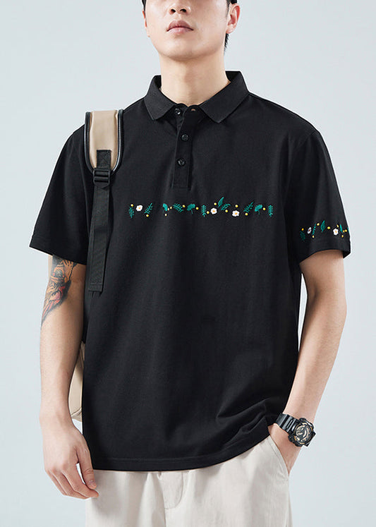 Classy Men Solid Button Print Black Cotton Summer Polo Shirt