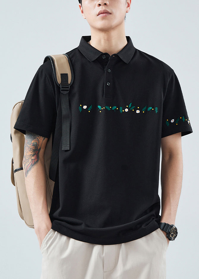Classy Men Solid Button Print Black Cotton Summer Polo Shirt