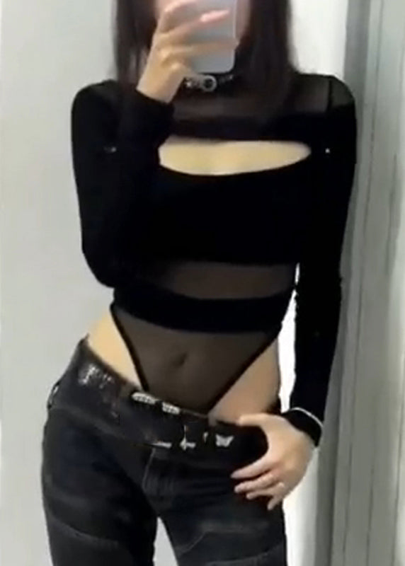 Tulle Hollow Out Classy Solid Bodysuit Black