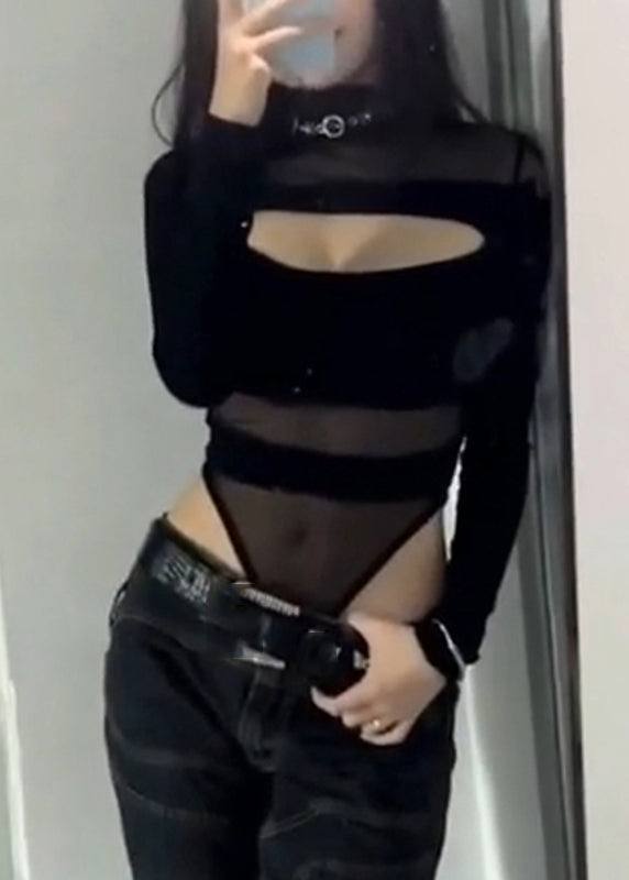 Tulle Hollow Out Classy Solid Bodysuit Black