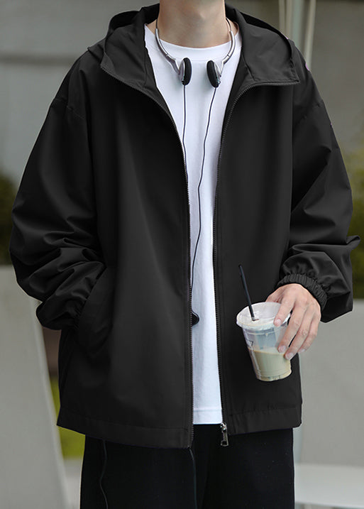 Men Hooded Zippered Black Spring Pockets Classy Cotton Coat