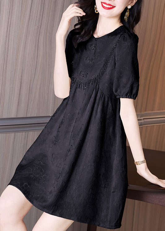 Cotton Summer Classy Black Neck Dresses O Embroidered