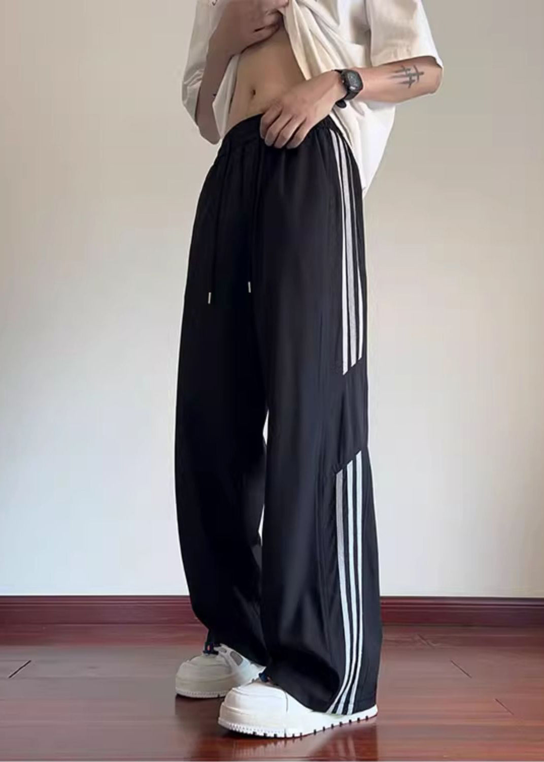 Black Pants Mens Oversized Spring Classy Striped Cotton