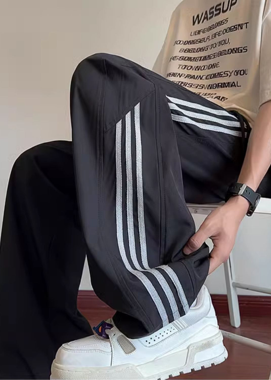 Black Pants Mens Oversized Spring Classy Striped Cotton