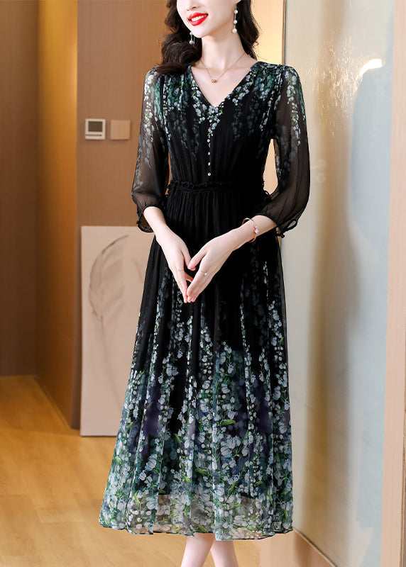 Print Neck Classy Silk Drawstring V Dress Black Long Wrinkled