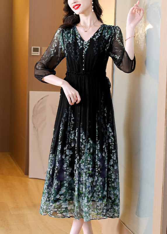 Print Neck Classy Silk Drawstring V Dress Black Long Wrinkled