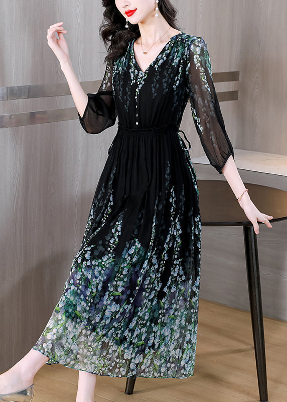 Print Neck Classy Silk Drawstring V Dress Black Long Wrinkled