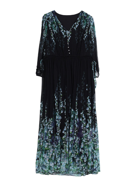 Print Neck Classy Silk Drawstring V Dress Black Long Wrinkled
