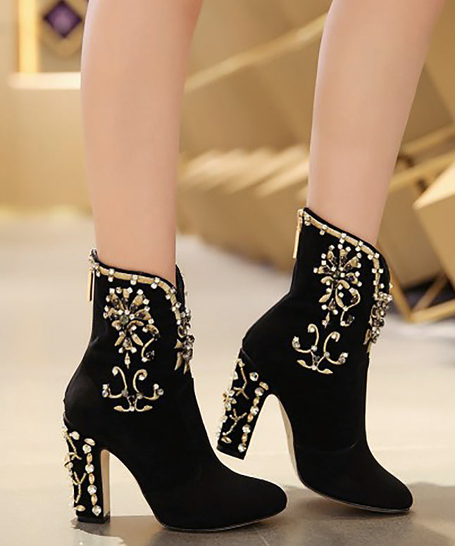 Classy Black Zircon Zippered Suede High Heel Boots RT1085