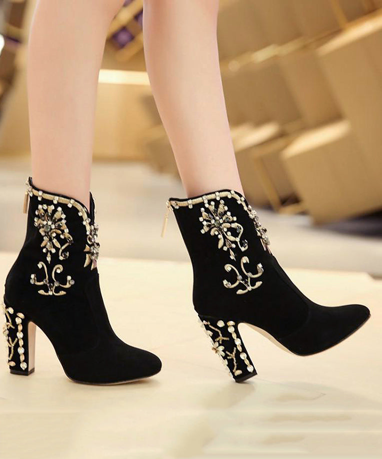 Classy Black Zircon Zippered Suede High Heel Boots RT1085