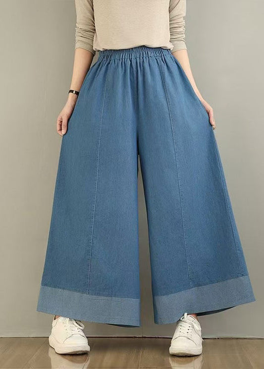 Pants Denim Wide Elastic Classy Blue Summer Waist Leg