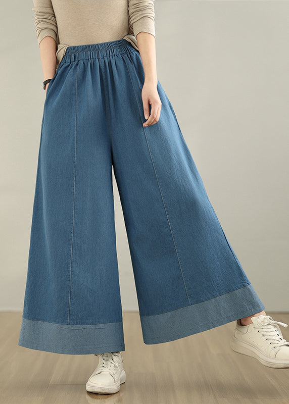 Pants Denim Wide Elastic Classy Blue Summer Waist Leg
