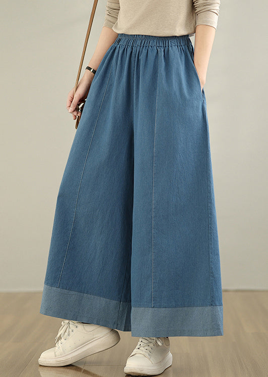 Pants Denim Wide Elastic Classy Blue Summer Waist Leg
