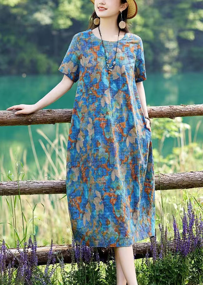 Print Classy Dress Cotton Summer Long Blue O-Neck