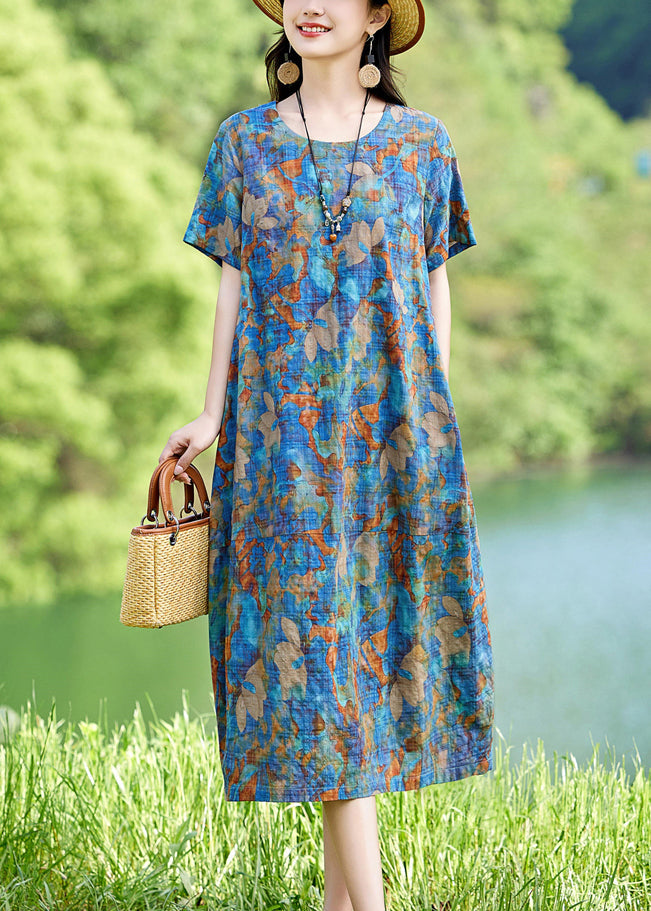 Print Classy Dress Cotton Summer Long Blue O-Neck