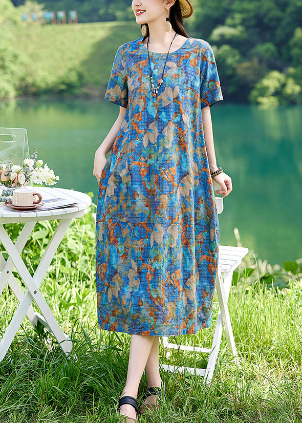 Print Classy Dress Cotton Summer Long Blue O-Neck