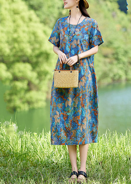 Print Classy Dress Cotton Summer Long Blue O-Neck
