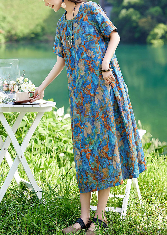 Print Classy Dress Cotton Summer Long Blue O-Neck