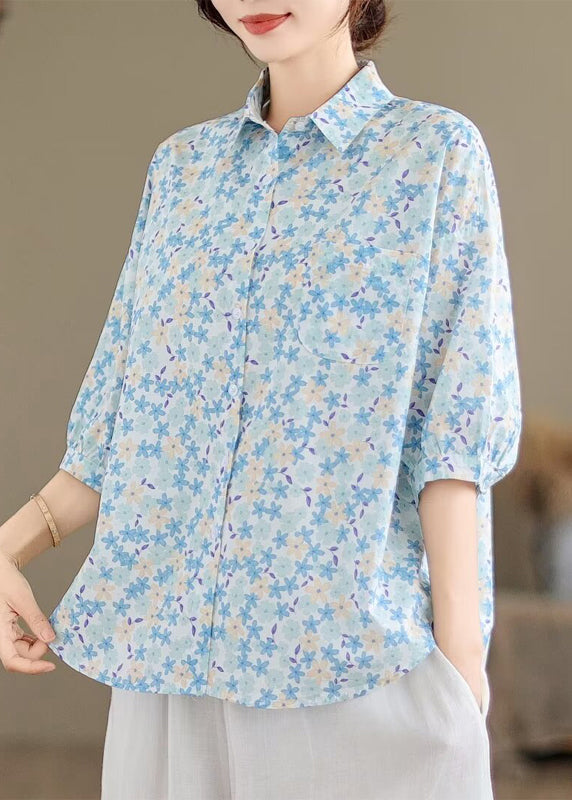 Print Blouse Half Oversized Blue Sleeve Cotton Classy Tops