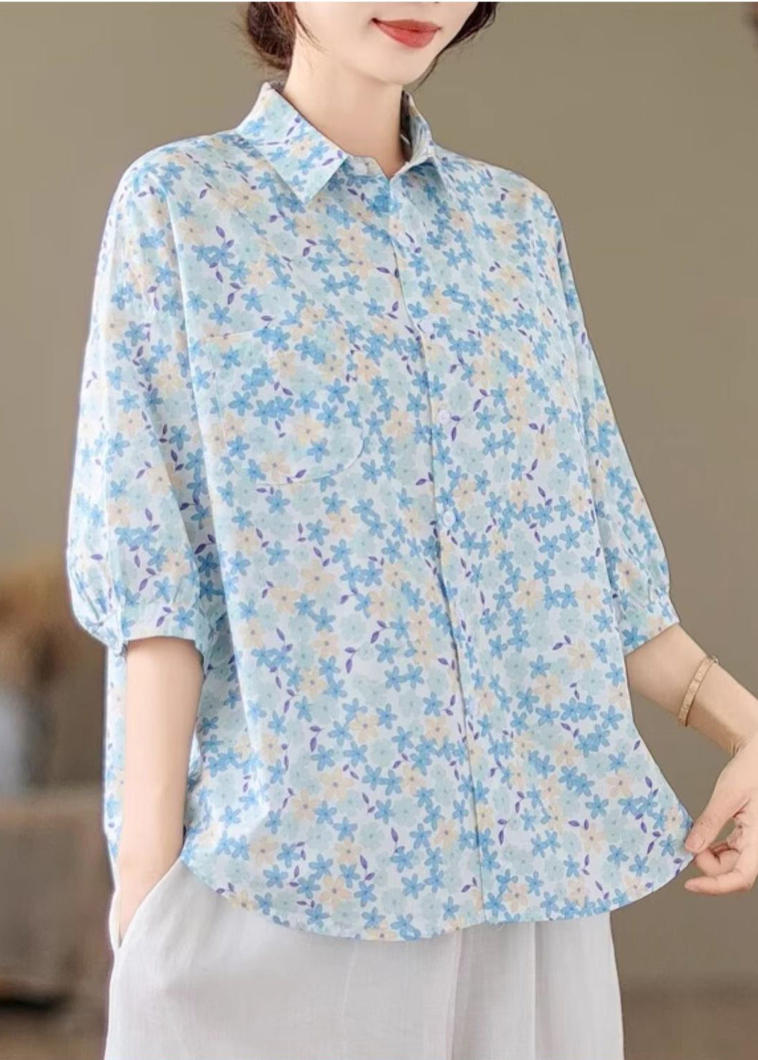 Print Blouse Half Oversized Blue Sleeve Cotton Classy Tops