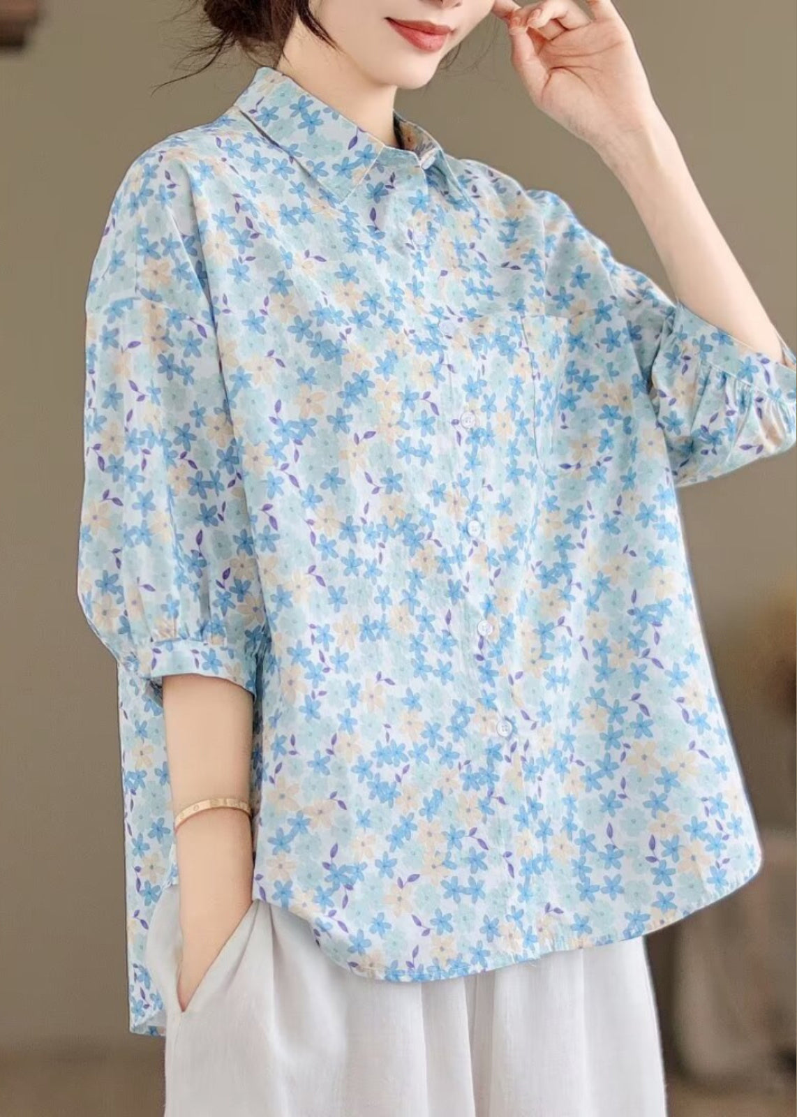 Print Blouse Half Oversized Blue Sleeve Cotton Classy Tops