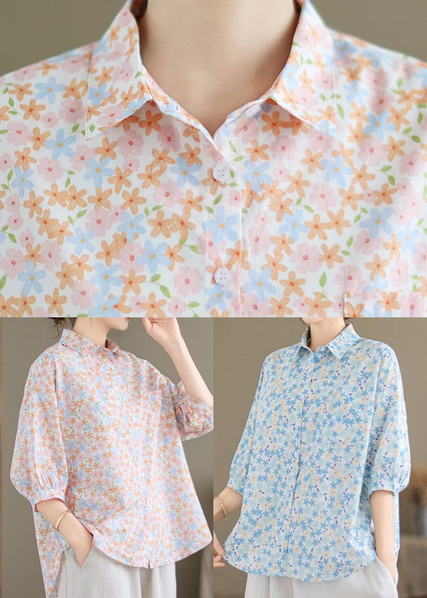 Print Blouse Half Oversized Blue Sleeve Cotton Classy Tops