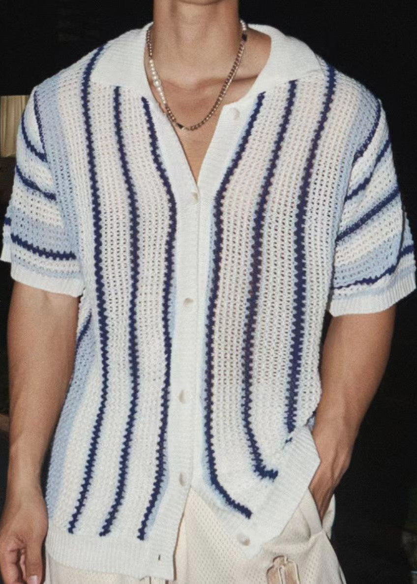 Pan Tshirt Summer Blue Knit Peter Classy Striped Mens Collar