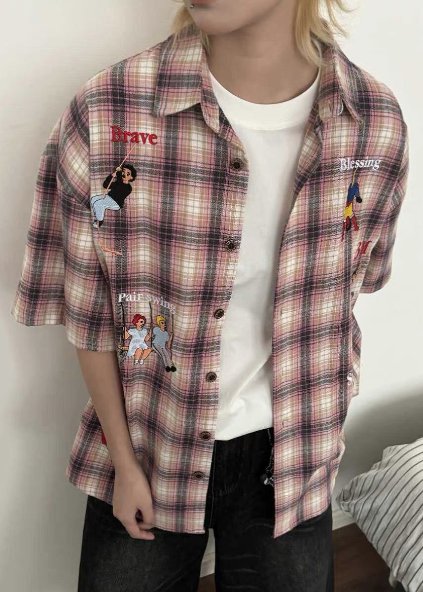 Shirts Print Cotton Blue Sleeve Plaid Classy Half Button Men's