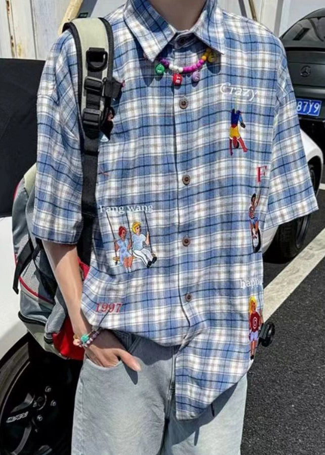 Shirts Print Cotton Blue Sleeve Plaid Classy Half Button Men's