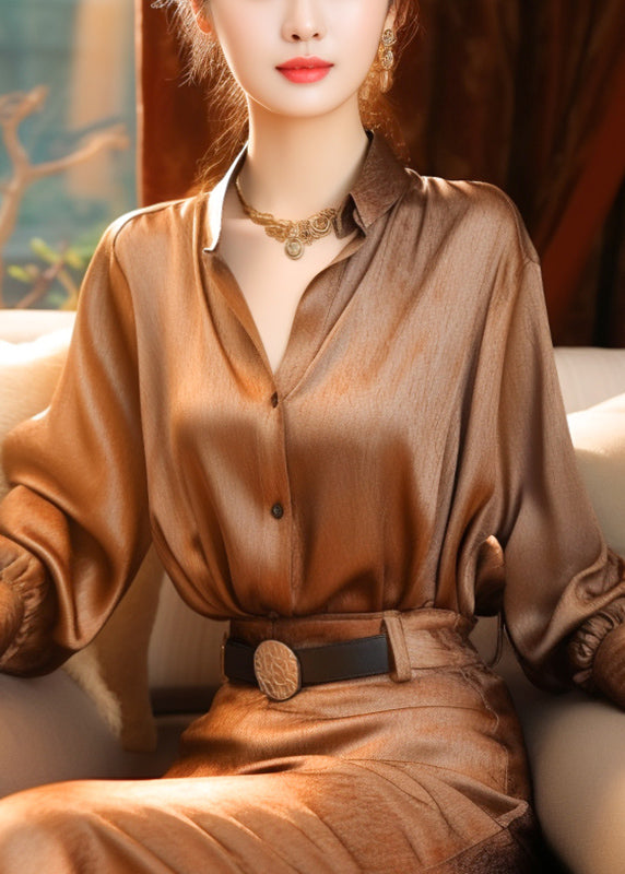 Brown Lantern Collar Button Top Stand Blouse Classy Sleeve Silk