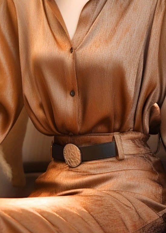 Brown Lantern Collar Button Top Stand Blouse Classy Sleeve Silk