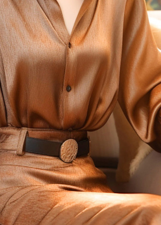 Brown Lantern Collar Button Top Stand Blouse Classy Sleeve Silk