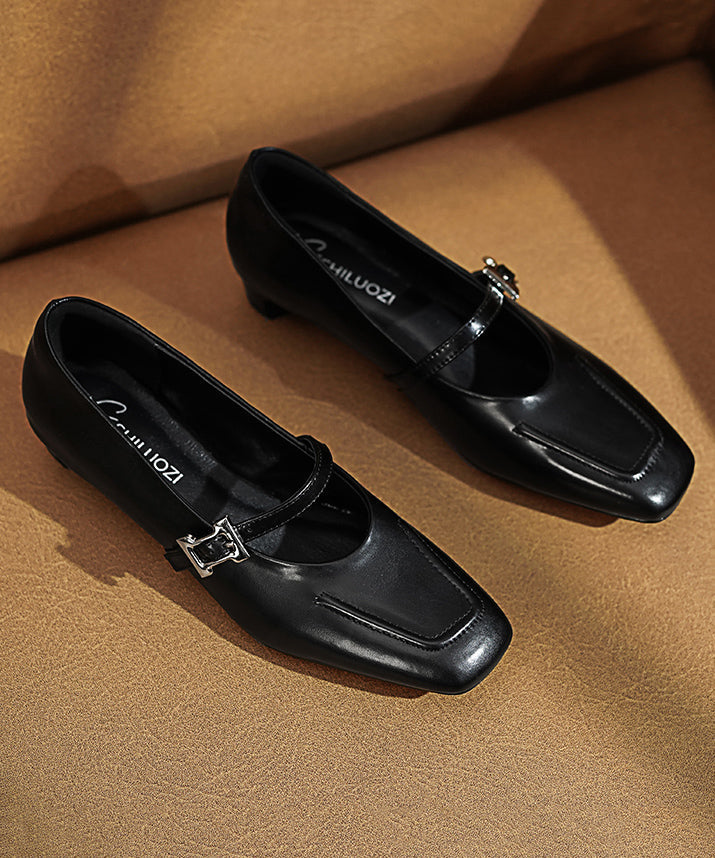 Black Leather Chunky Cowhide Buckle Splicing Strap Classy